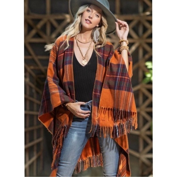 Ruggine Bohemian Soft Plaid Ruana Fringe Accent Poncho NWT Amberglow - Picture 2 of 14